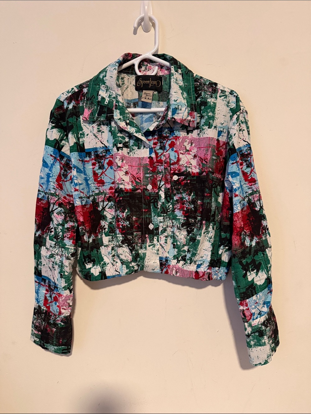 Spoon Jean Multicolor Abstract Print Cropped Button Up Shirt